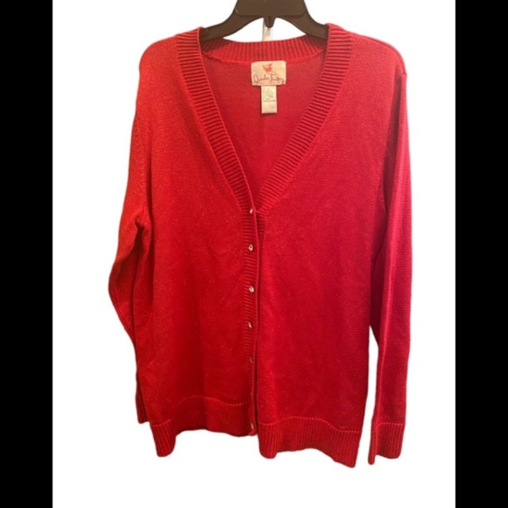 Quacker Factory Women's Red V-Neck Button Up Shimmery Sweater Long Sleeve sz L